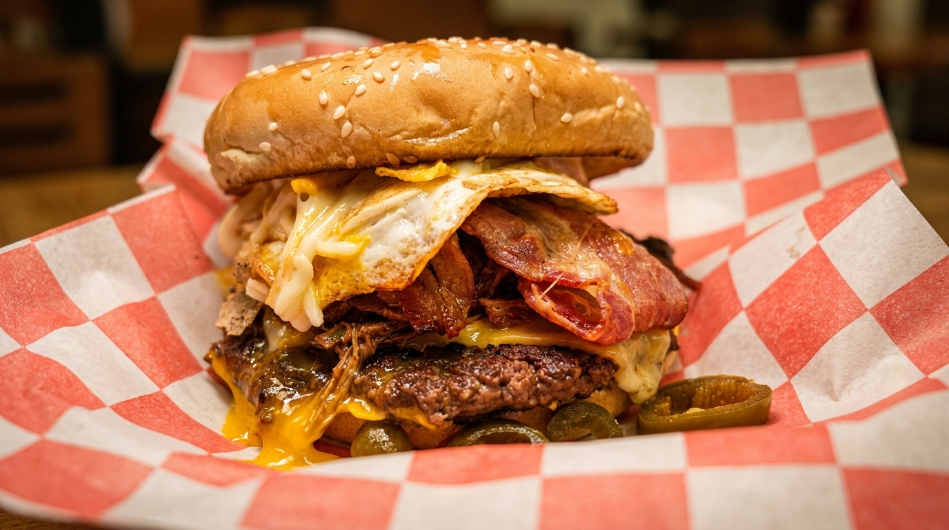 Gourmet burger with bacon, fried egg, melted cheese, and jalapeños on checkered paper.