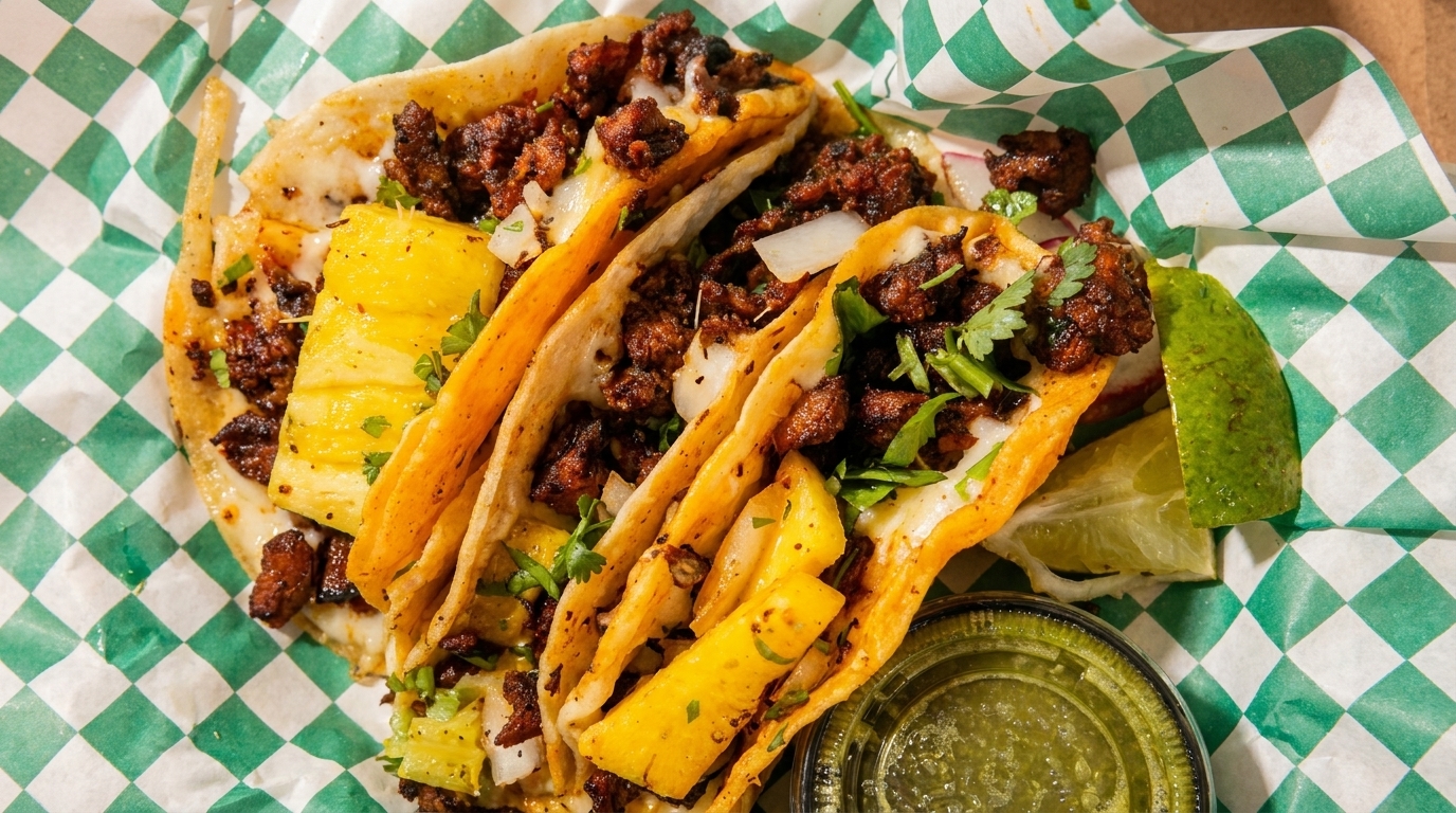 Four al pastor tacos with pineapple, cilantro, and onions, served with lime and green salsa.