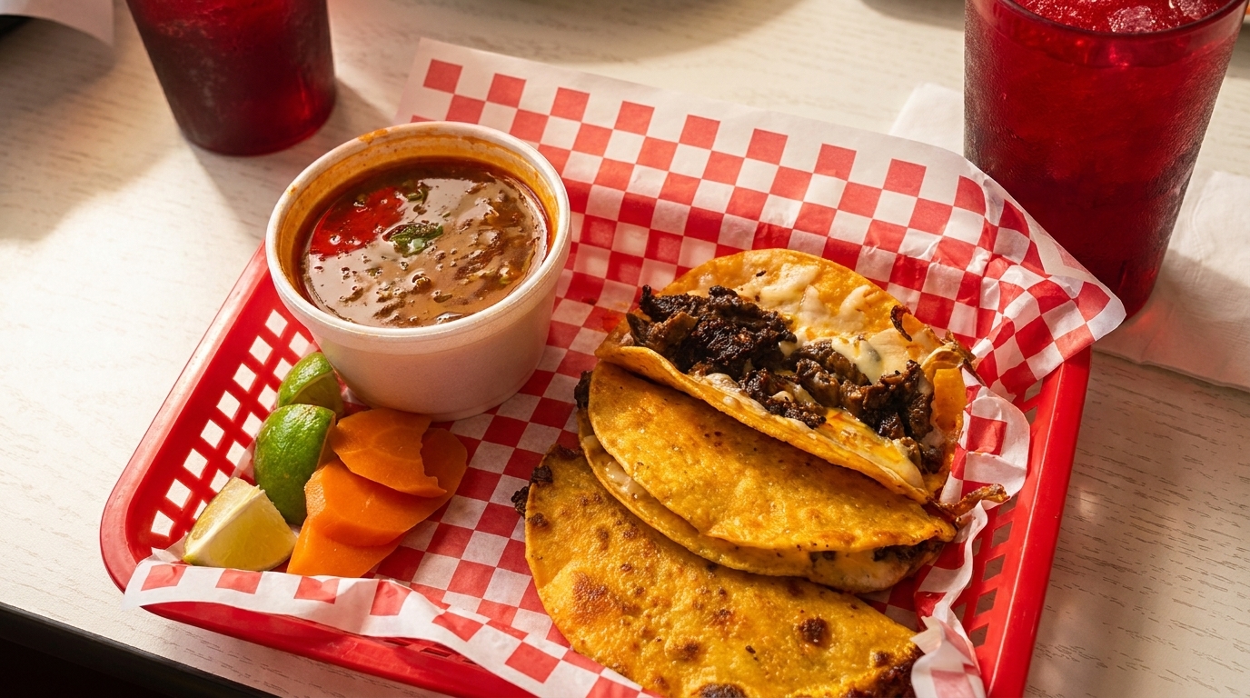 Three birria tacos with melted cheese, a side of consommé, limes, and carrots in a red basket.