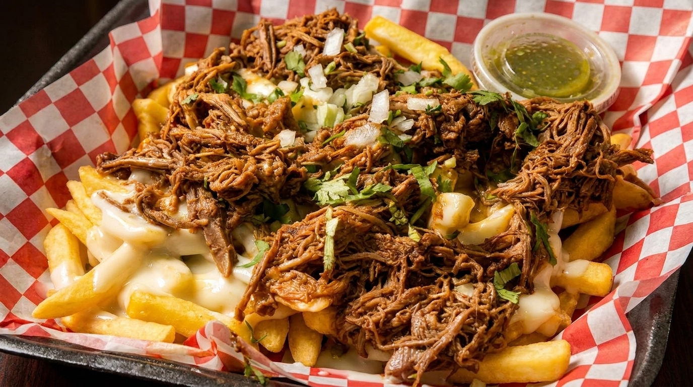 Loaded fries with shredded beef, melted cheese, diced onions, cilantro, and a side of green sauce.
