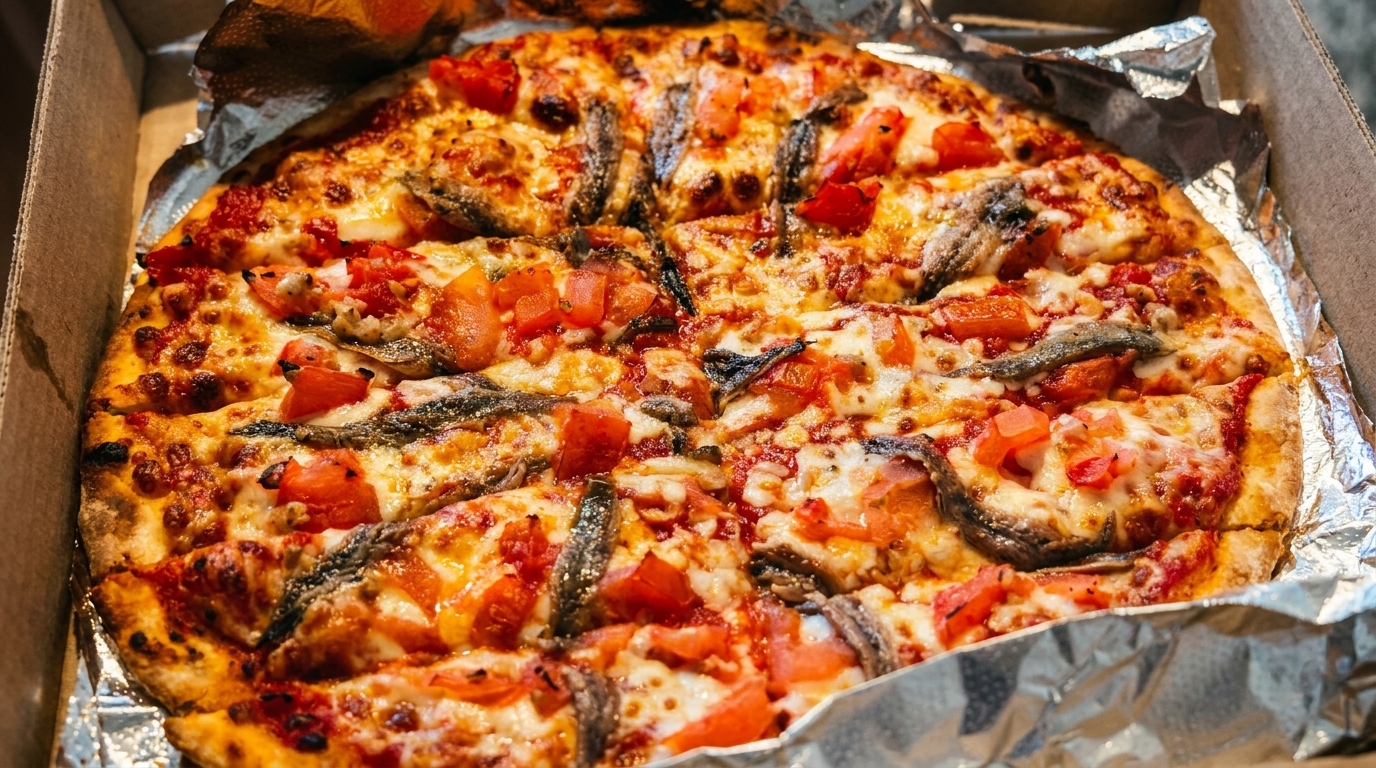 A whole pizza with anchovies, diced tomatoes, and melted cheese in a cardboard box lined with foil.