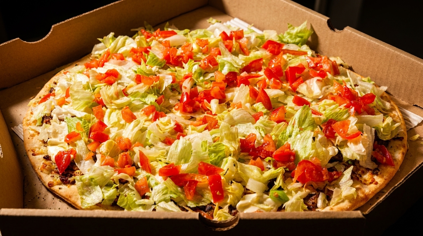 Taco pizza in a cardboard box, topped with ground meat, shredded lettuce, and diced tomatoes.