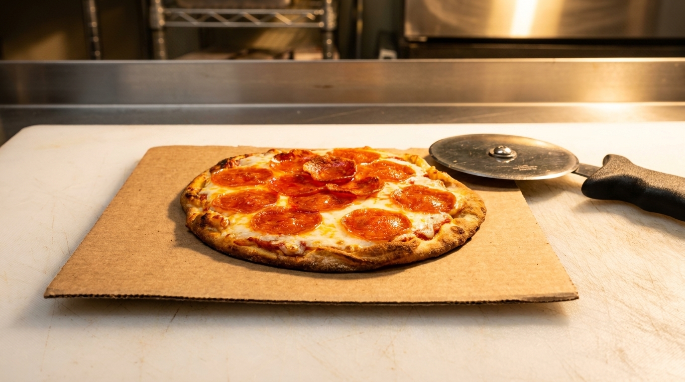 A freshly baked pepperoni pizza on a cardboard tray next to a pizza cutter.