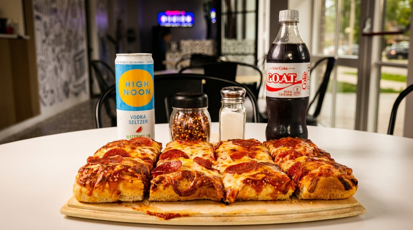 Pepperoni pizza slices, a High Noon seltzer, Diet Coke, and seasonings on a white table.