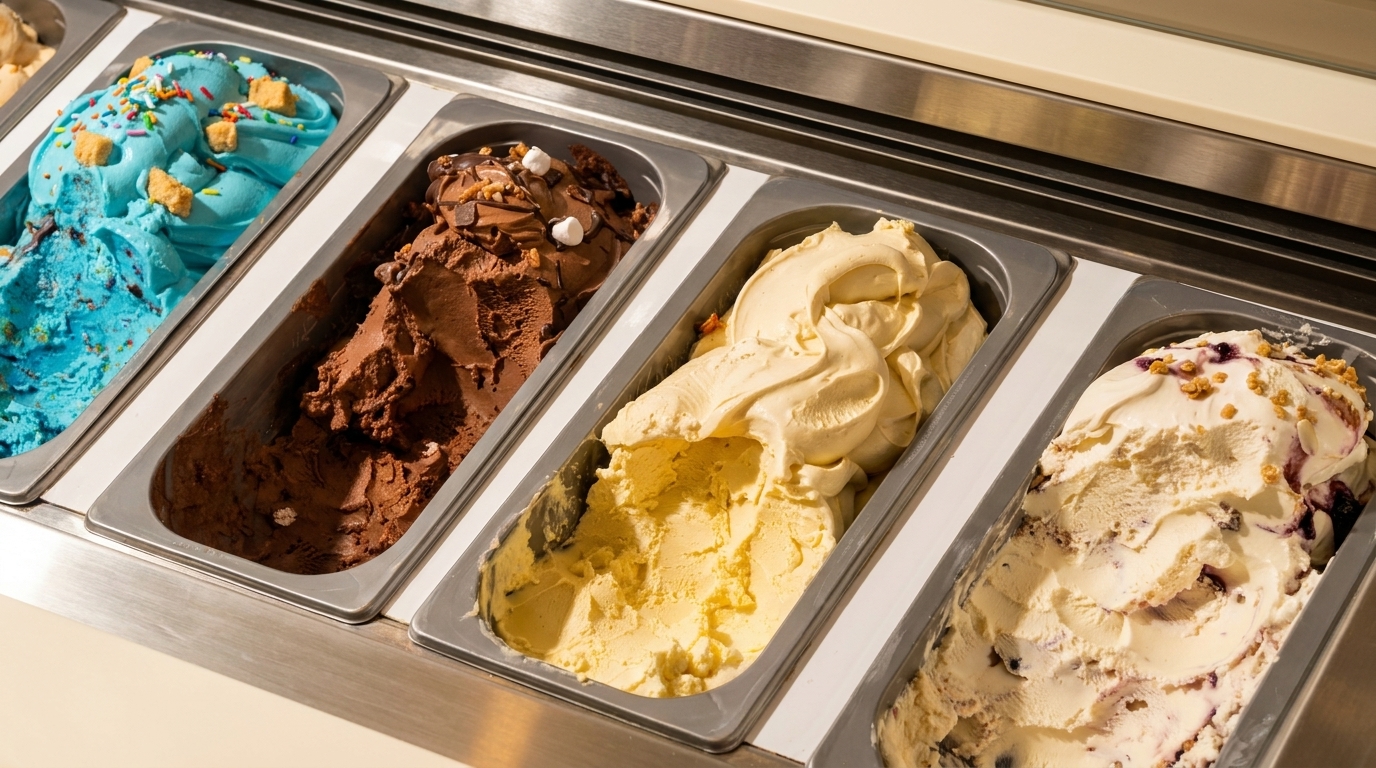 Four tubs of colorful ice cream flavors, including blue with sprinkles, chocolate, vanilla, and berry swirl.