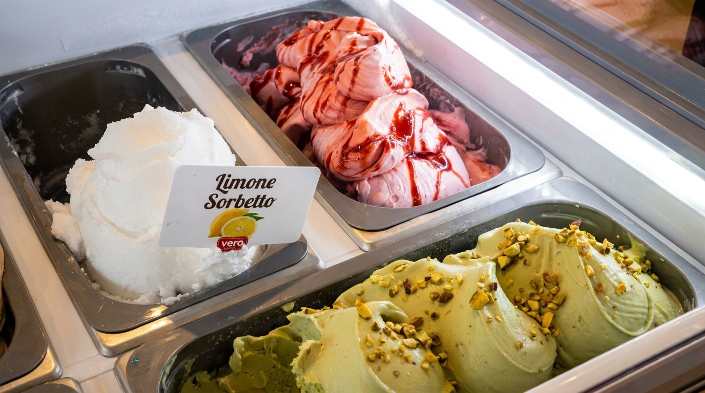 Three tubs of gelato: white Limone Sorbetto, pink with berry drizzle, and green pistachio with nuts.