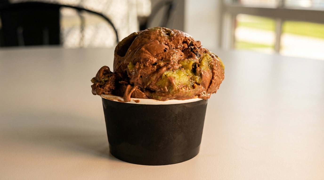 A black cup filled with scoops of chocolate and pistachio ice cream on a white table.