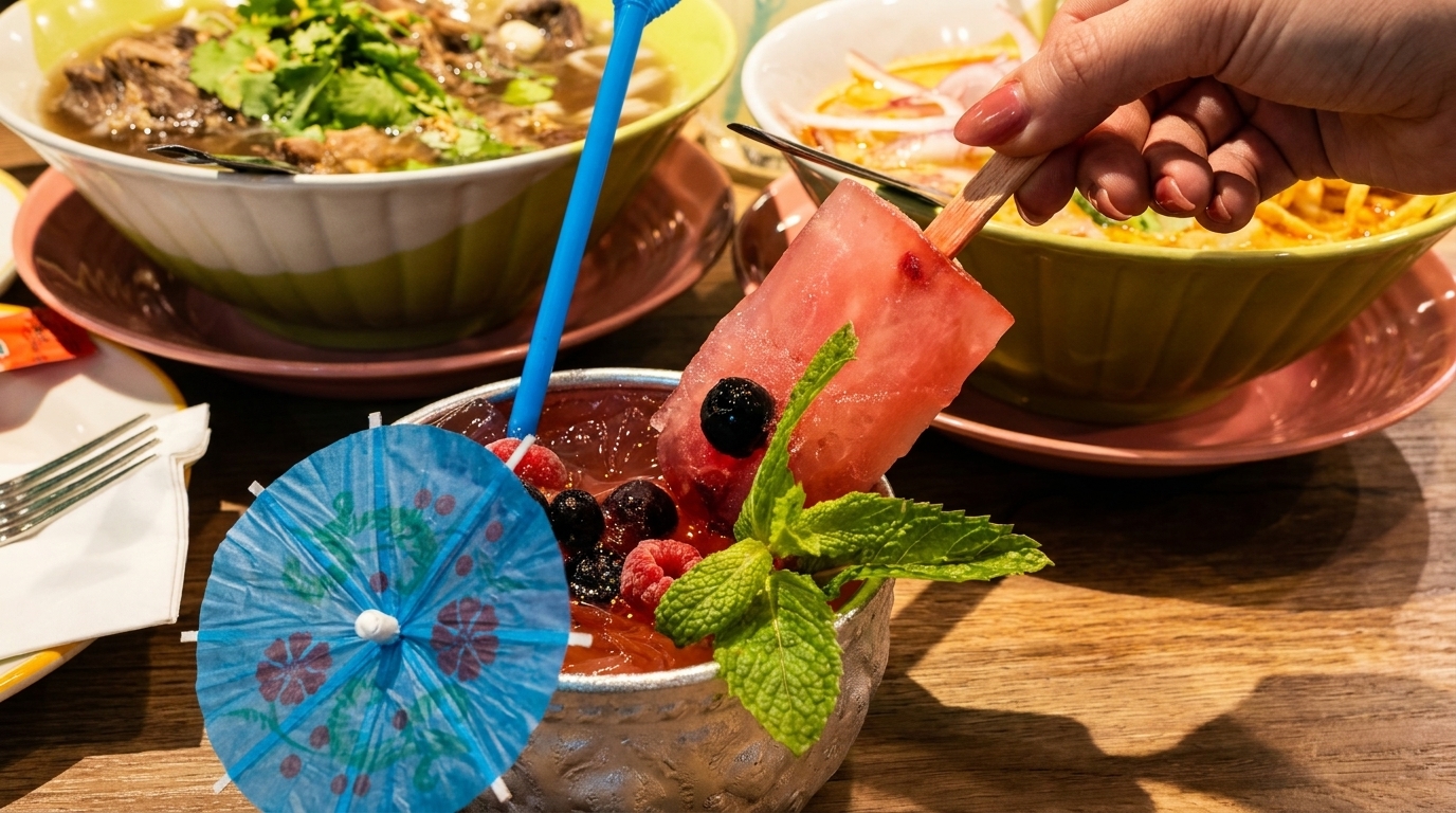 Two bowls of soup and a festive cocktail with a watermelon popsicle, berries, and mint.