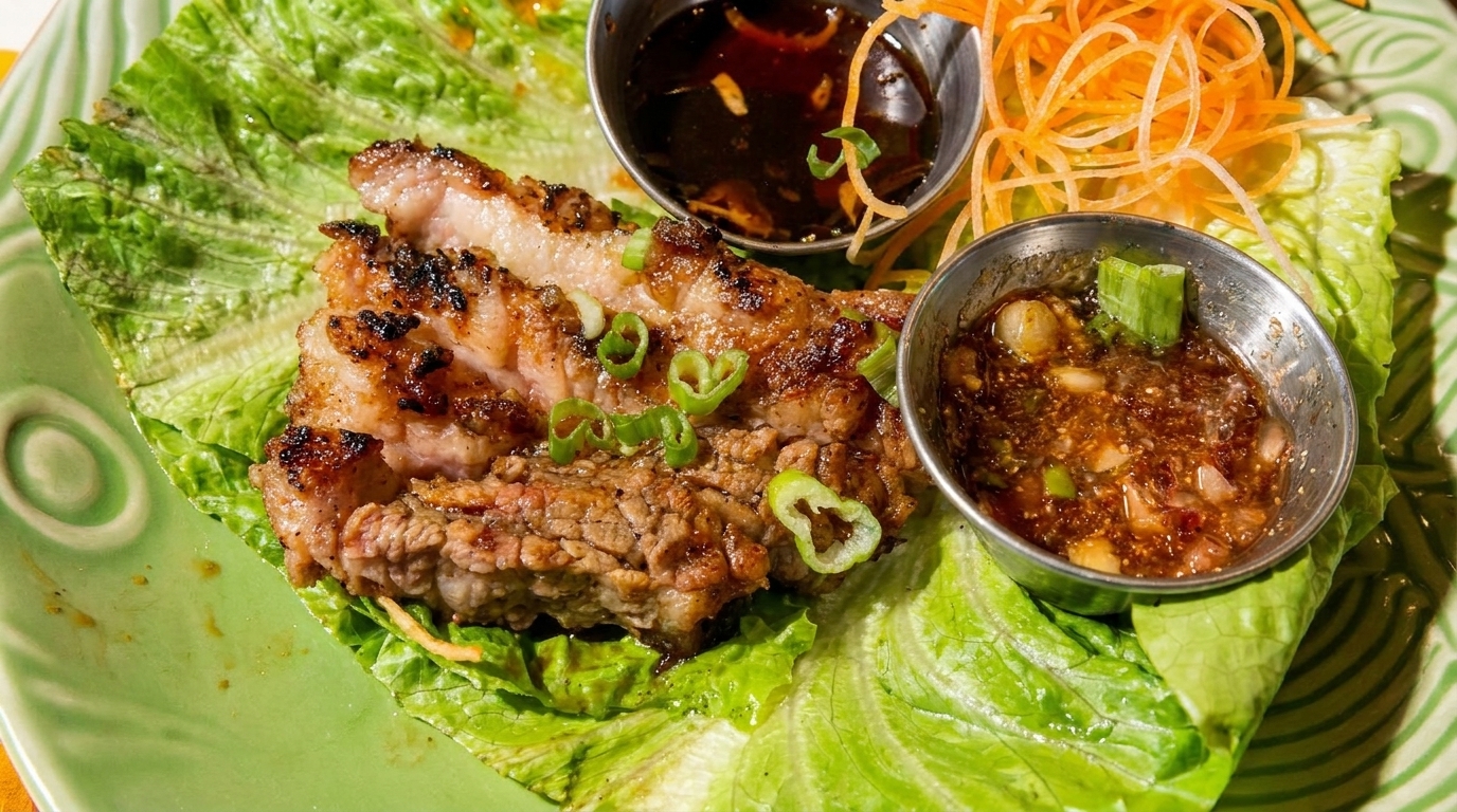 Grilled pork slices on lettuce wraps with two dipping sauces and shredded carrots.