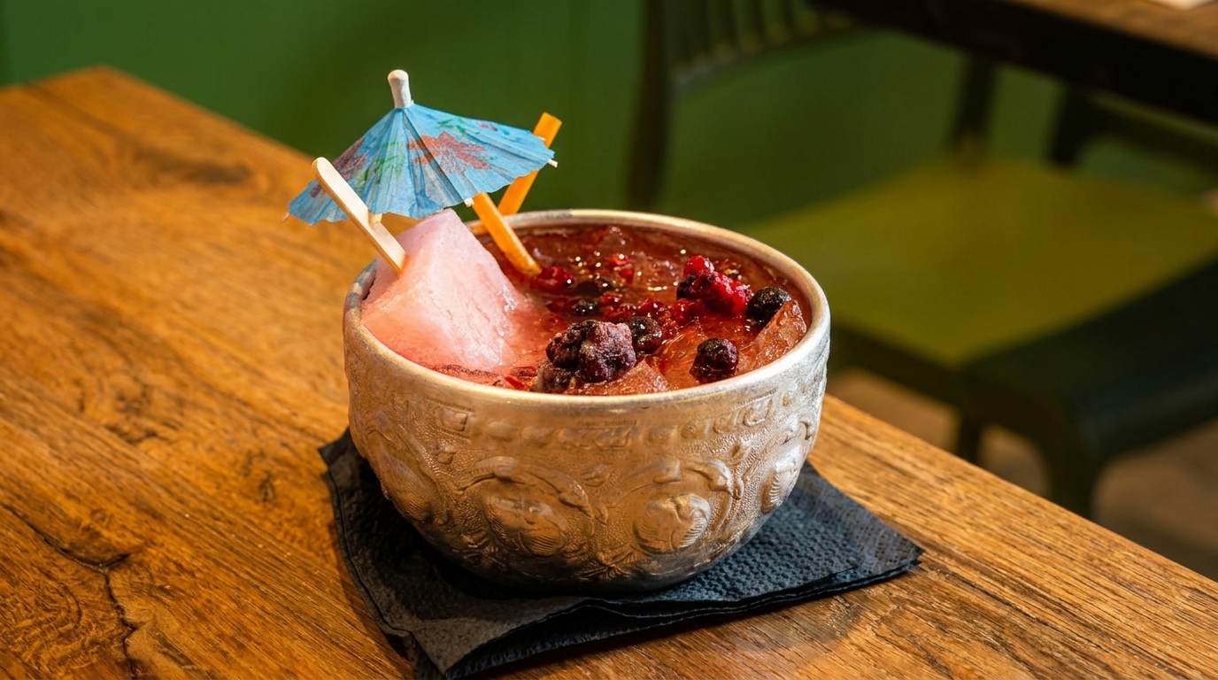 A berry cocktail in an ornate silver bowl with a popsicle and paper umbrella on a wooden table.