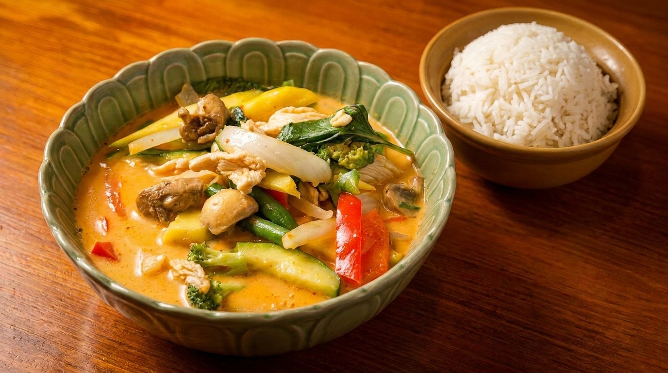 A vibrant bowl of Thai red curry with chicken and vegetables, served with a side of white rice.