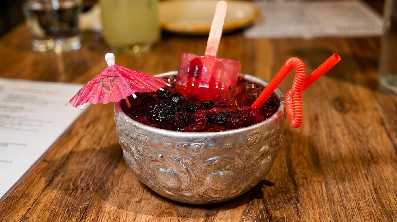 A berry cocktail in an ornate silver bowl with a popsicle, straw, and pink umbrella.