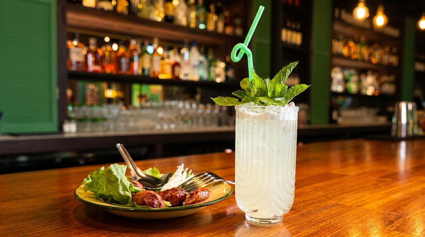 A cocktail with mint and a green straw next to a plate of sausages and lettuce on a bar.