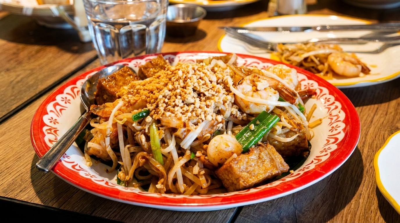 Pad Thai with shrimp, tofu, and peanuts on a red and white patterned plate.