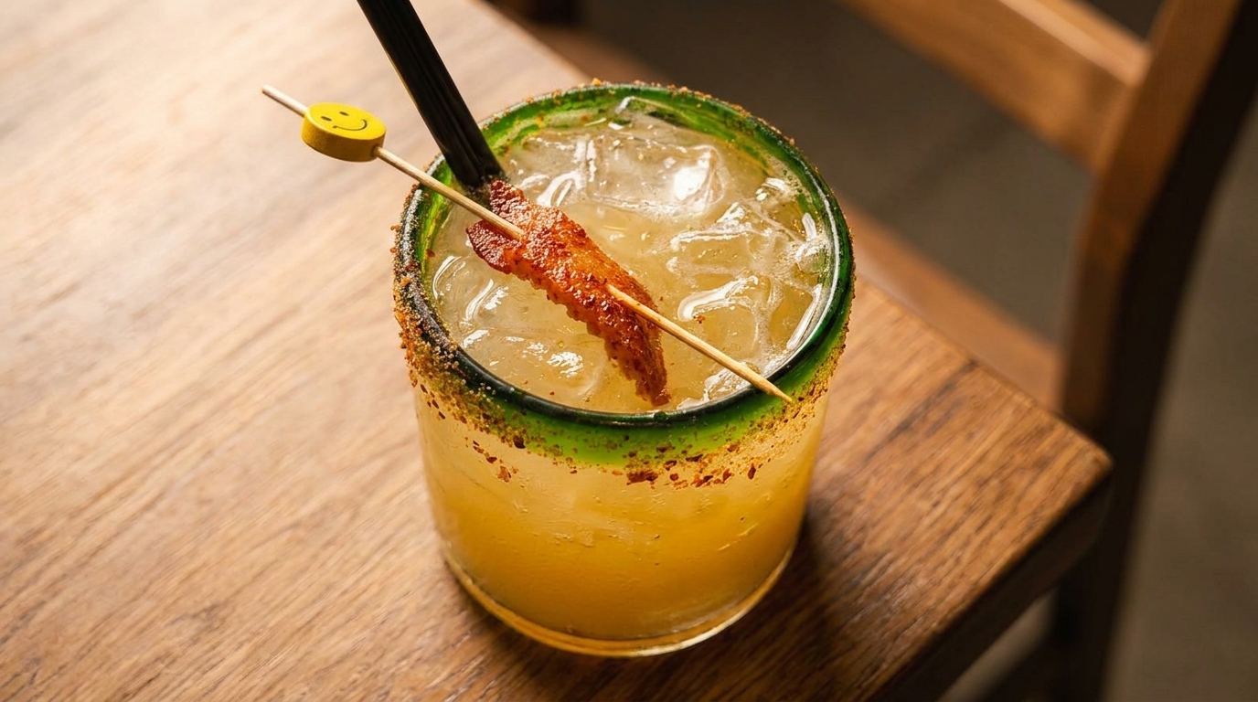 A cocktail with a green-rimmed glass, bacon garnish, and a smiley face pick on a wooden table.