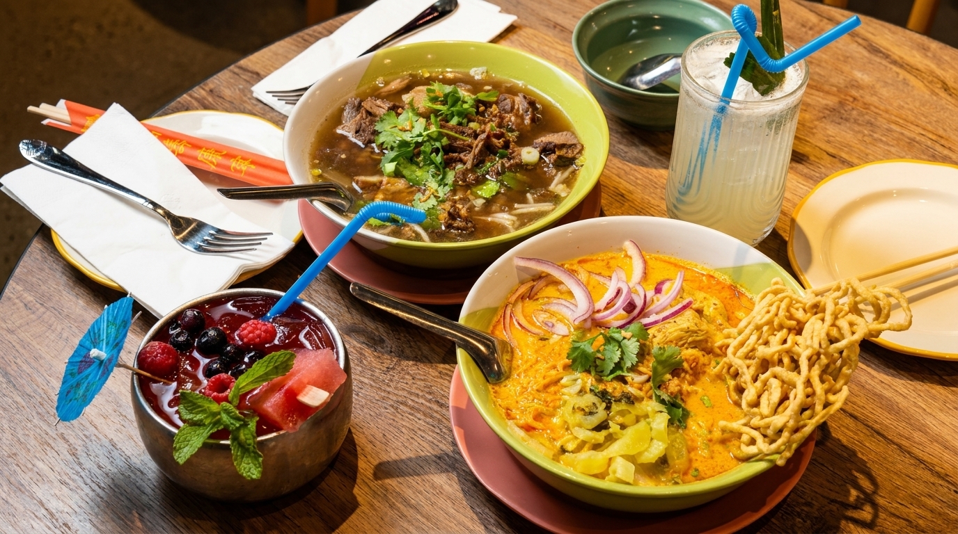 Two bowls of Thai noodle soup, one with beef and one with chicken, and two cocktails on a wooden table.