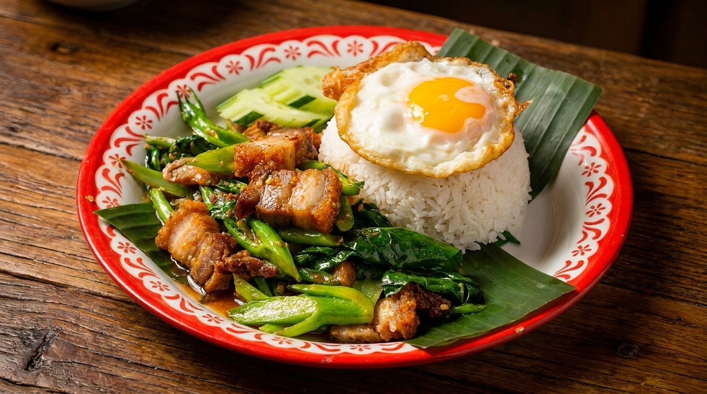 Crispy pork belly with Chinese broccoli, rice, fried egg, and cucumber on a red-rimmed plate.