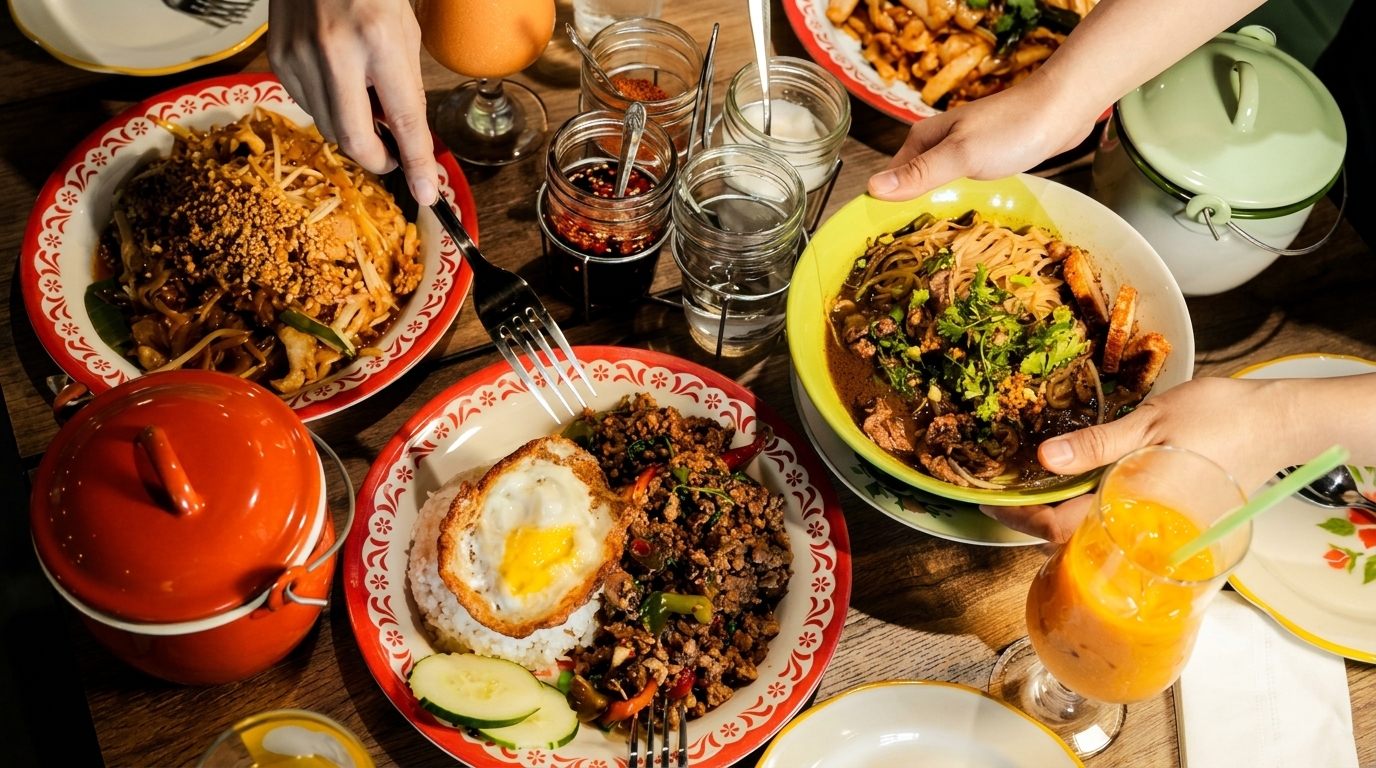 A table laden with various Thai dishes, including pad Thai, basil pork with fried egg, and noodle soup.