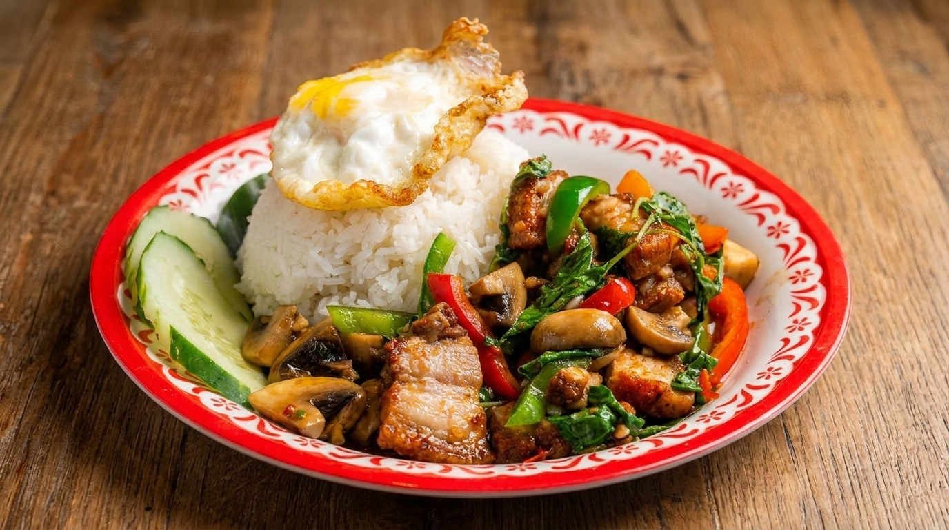 Thai basil pork belly with rice, fried egg, mushrooms, bell peppers, and cucumber slices of cucumber slices.