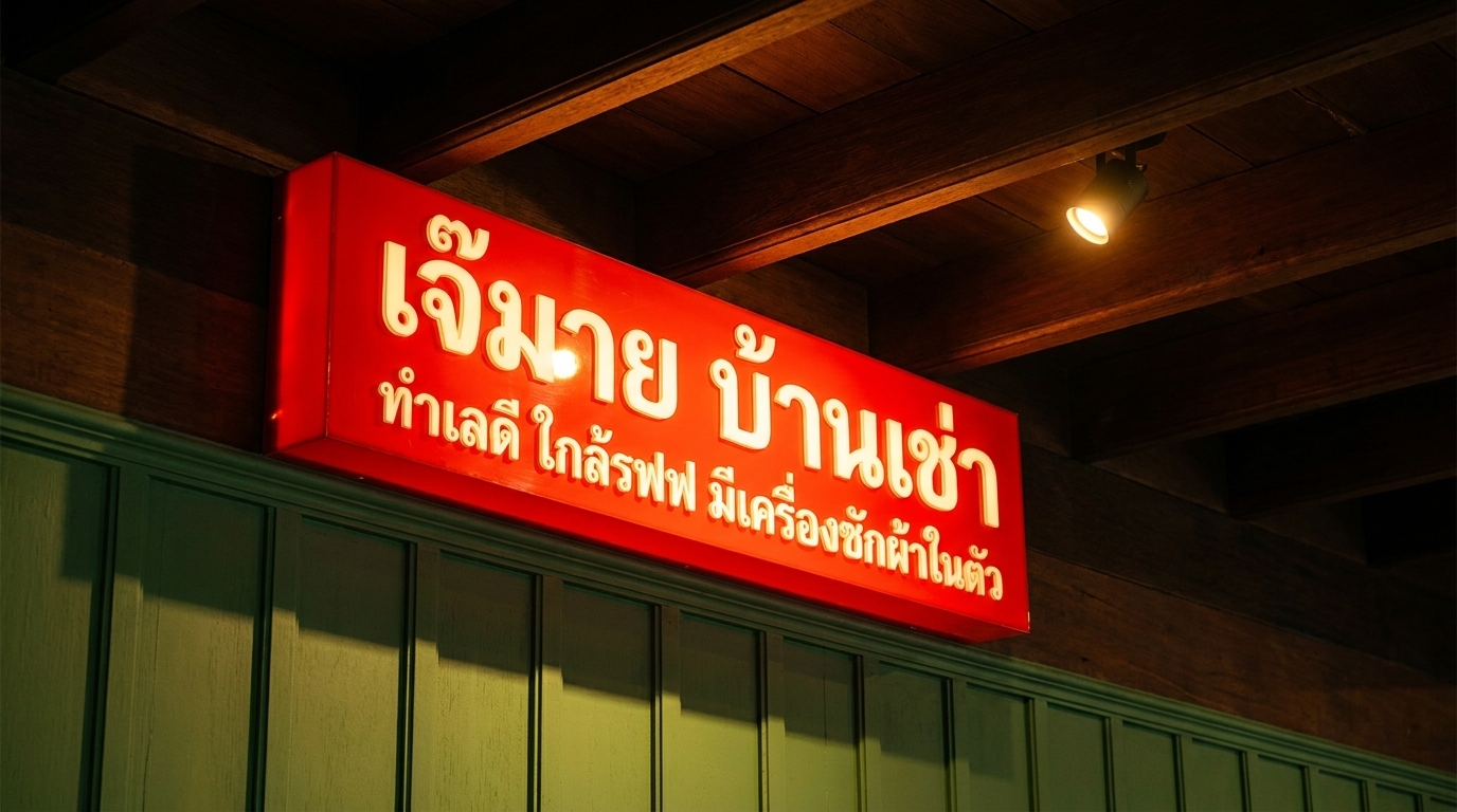 A red illuminated sign with Thai script, "เจ๊มาย บ้านเช่า", above a green wooden wall.
