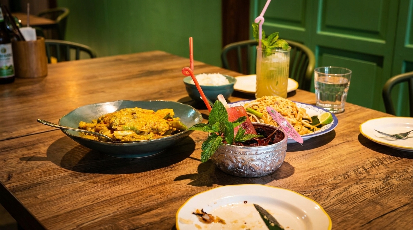 Table laden with Thai dishes, including curry, pad Thai, rice, and cocktails, drinks with drinks and empty plates.