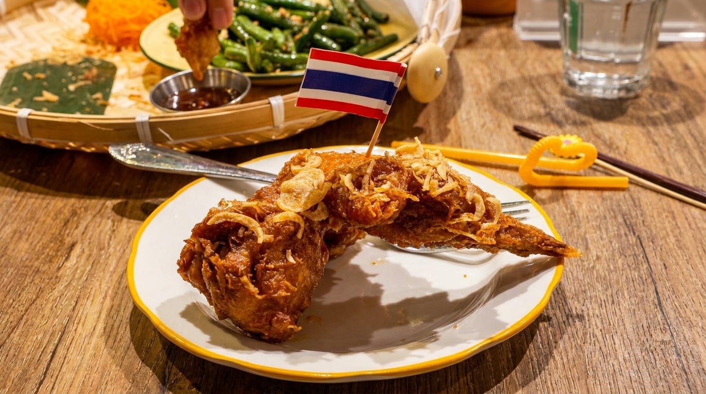 Crispy fried chicken wings with a Thai flag on a white plate, with green beans in the background.