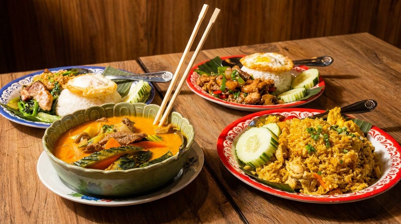 Three vibrant Thai dishes, including curry, fried rice, and a meat stir-fry, arranged on a wooden table.