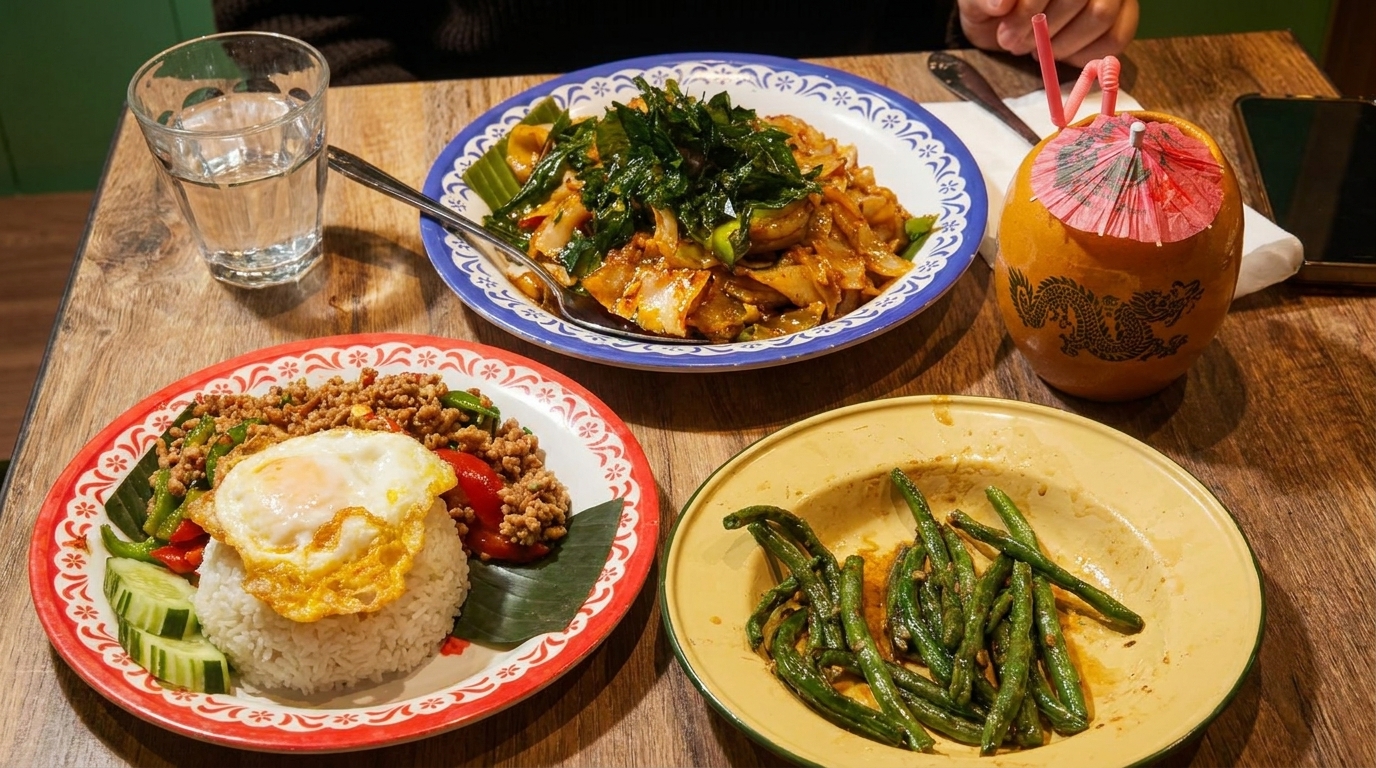 Three Thai dishes on a wooden table: Pad Krapow, Pad See Ew, and stir-fried green beans.