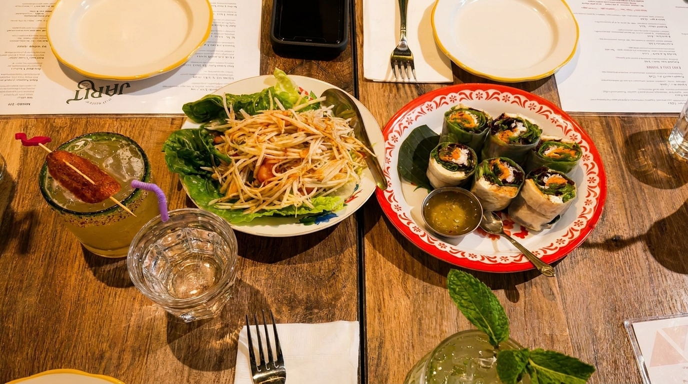 Overhead view of a wooden table with Thai papaya salad, fresh spring rolls, and cocktails.