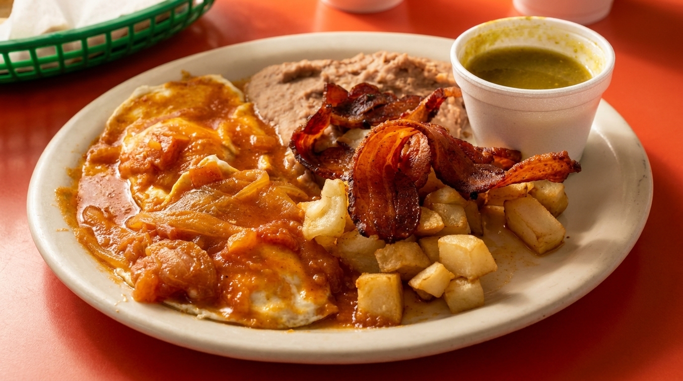 A plate of huevos rancheros with refried beans, bacon, home fries, and a side of green salsa.