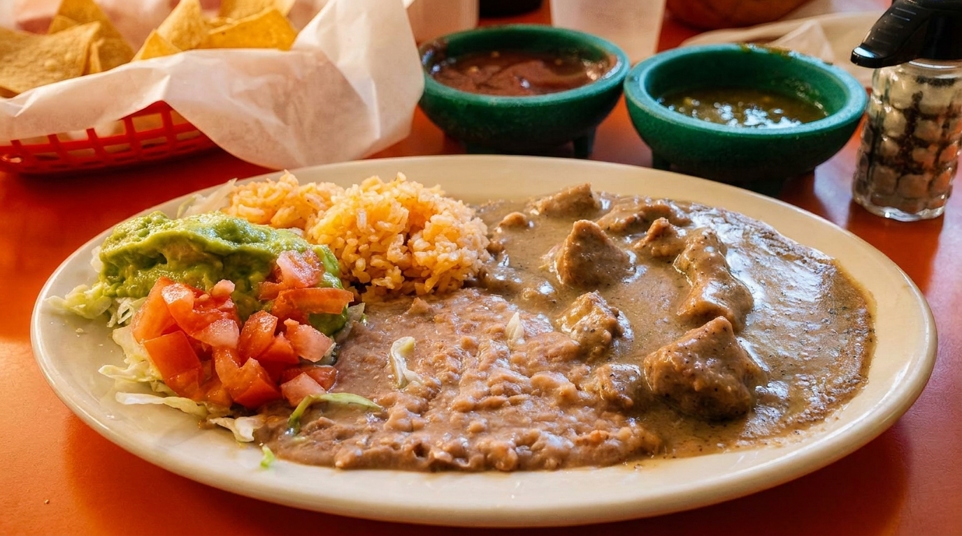 A plate of Mexican food with meat in sauce, rice, refried beans, guacamole, and diced tomatoes.