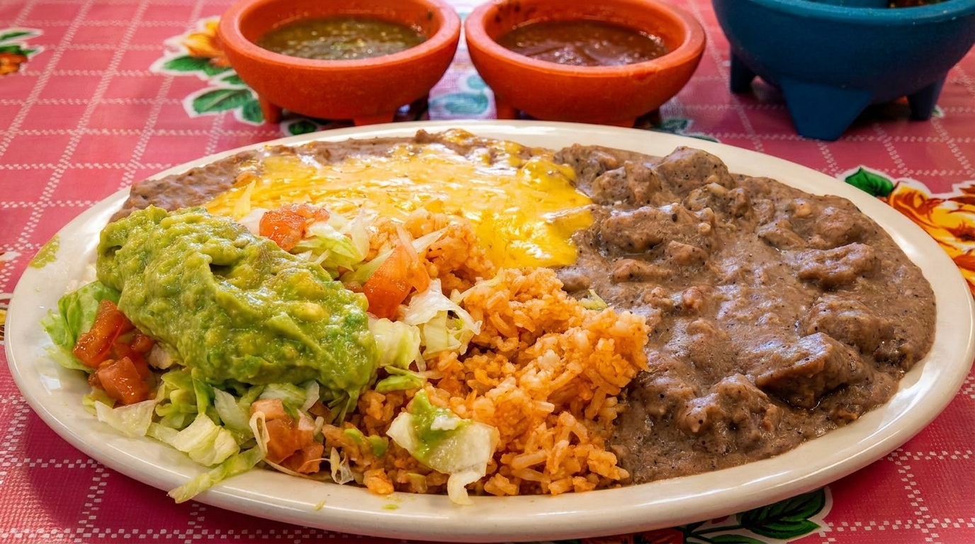 A Mexican combination plate with rice, refried beans, chili con carne, guacamole, lettuce, and tomatoes.