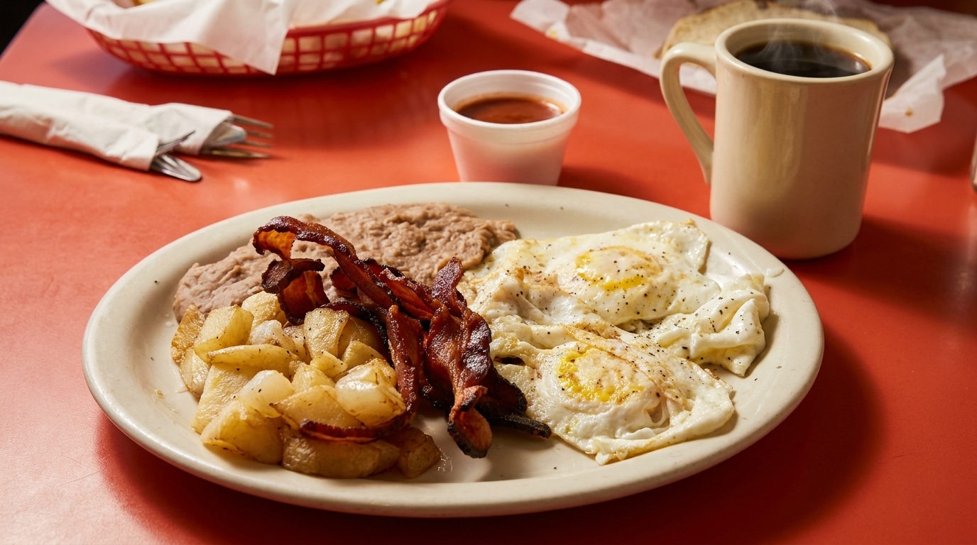 A breakfast plate with fried eggs, bacon, home fries, refried beans, salsa, and coffee.