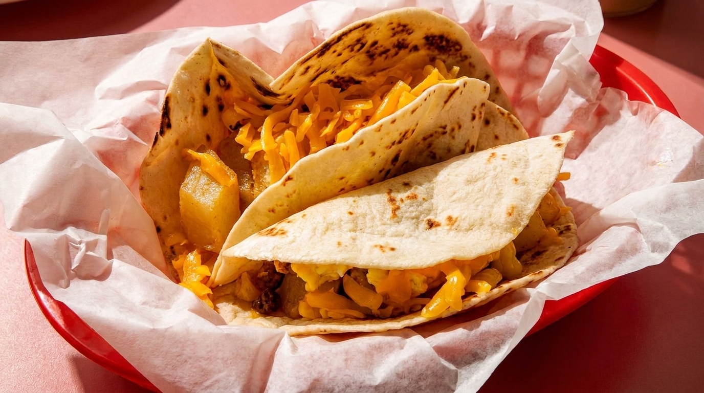 Three breakfast tacos with scrambled eggs, potatoes, and shredded cheese in a red basket.