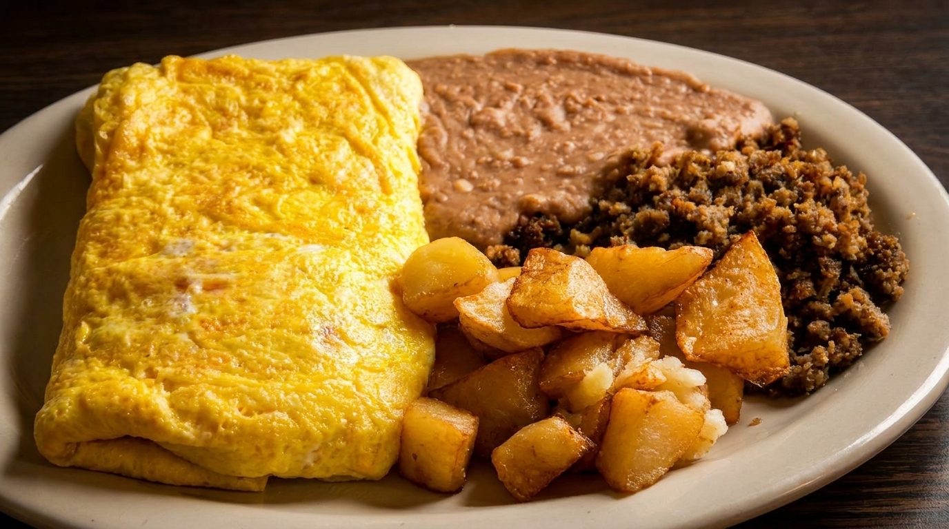 A breakfast plate with a yellow omelet, refried beans, fried potatoes, and ground meat.