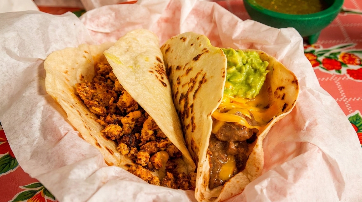 Two delicious tacos, one with chorizo and the other with beef, cheese, and guacamole.