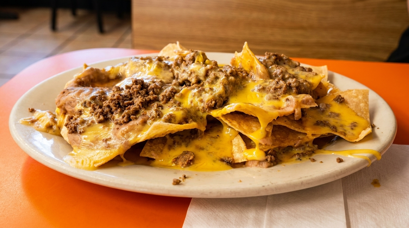 A plate of cheesy nachos with ground beef and refried beans on an orange table.