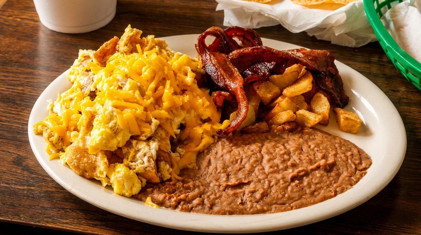 Breakfast plate with cheesy scrambled eggs, crispy bacon, home fries, and refried beans.
