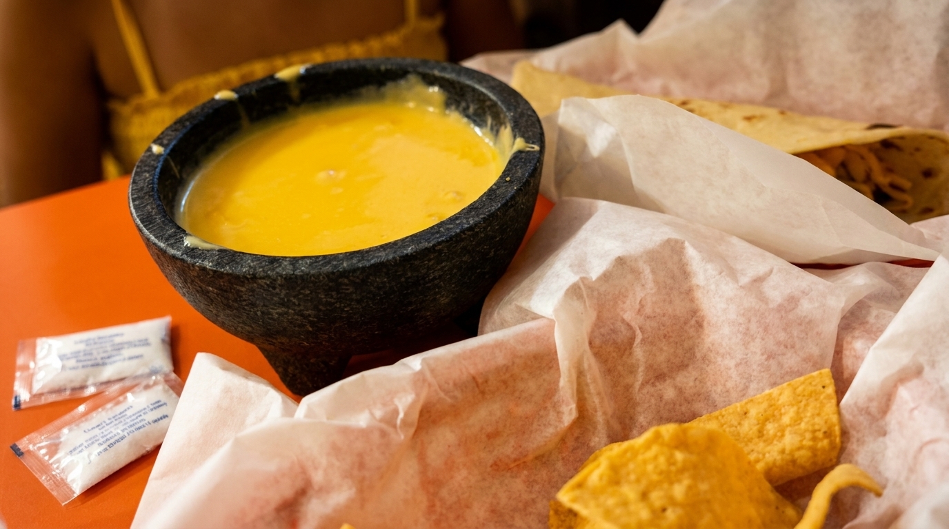 A black stone bowl of yellow queso dip next to a basket of tortilla chips and tortillas.