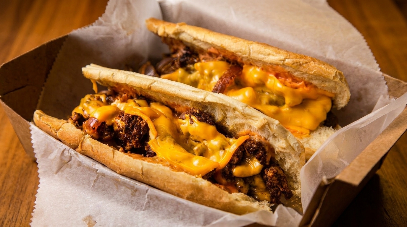 Two cheesy chili dogs in a paper-lined cardboard tray on a wooden surface.