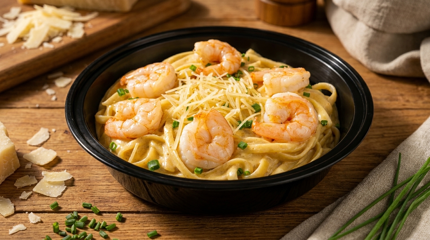 Shrimp fettuccine alfredo in a black bowl, garnished with shredded cheese and chives.