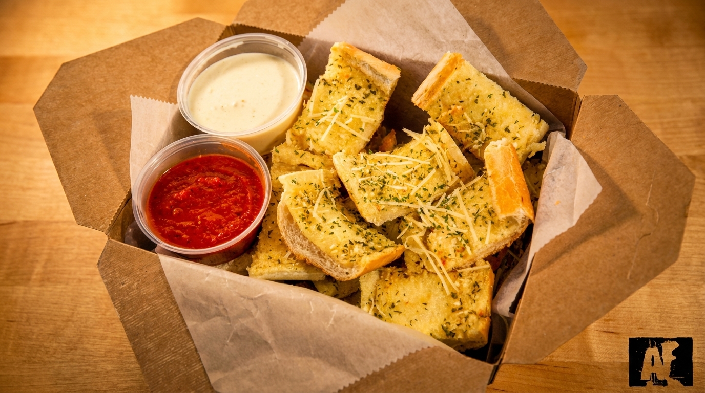 Garlic breadsticks with parmesan and herbs, served with marinara and white dipping sauces in a cardboard box.