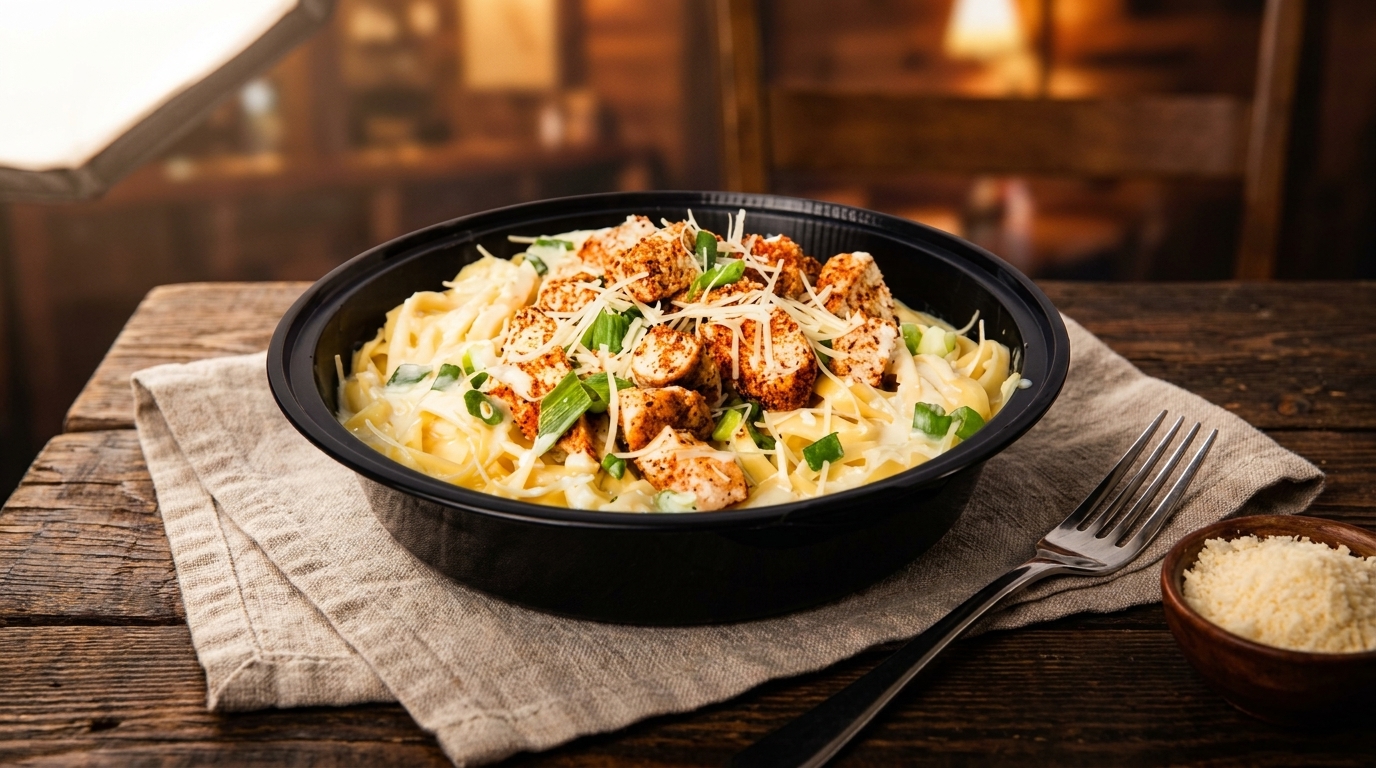 Chicken alfredo pasta with green onions and parmesan cheese in a black bowl on a wooden table.