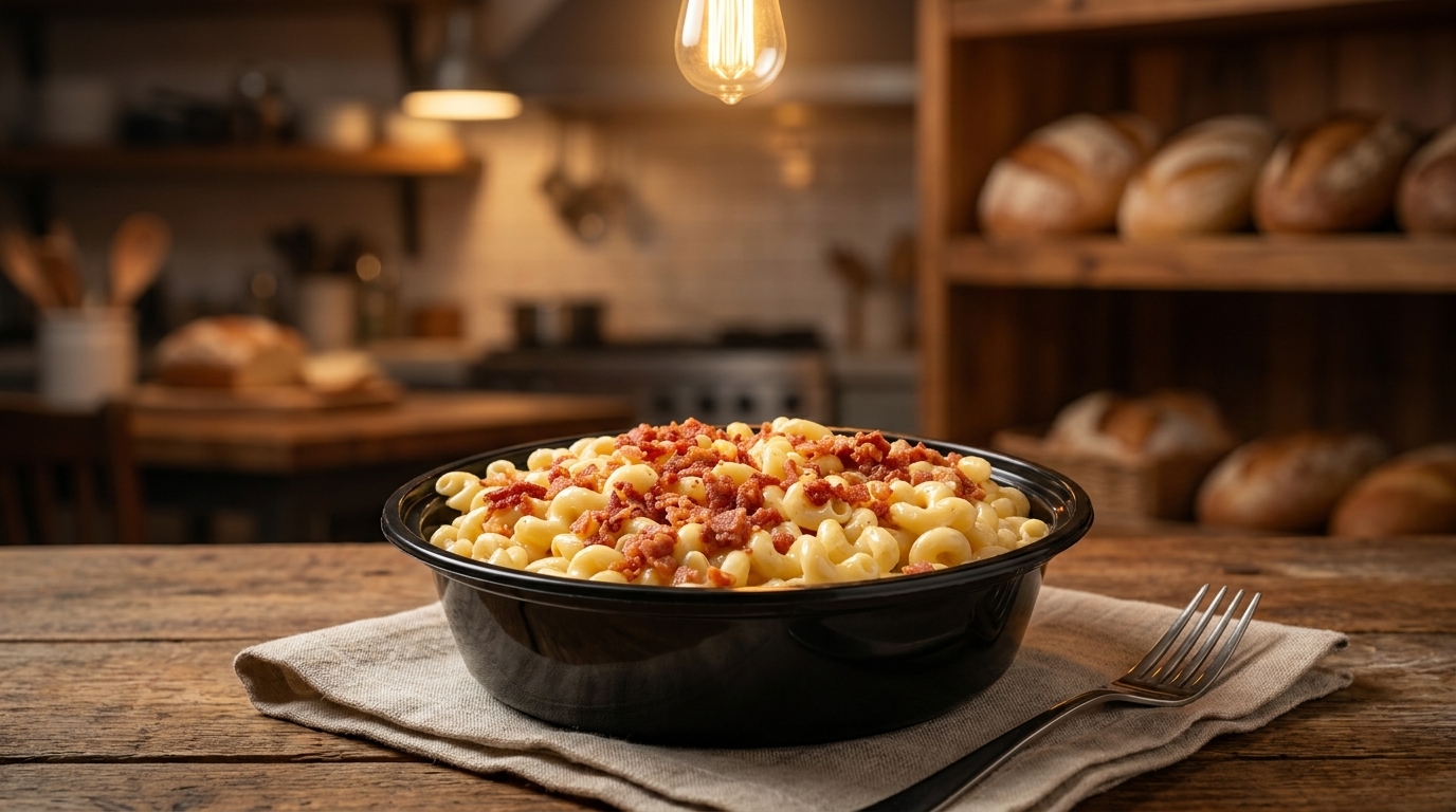 Macaroni and cheese topped with bacon bits in a black bowl on a wooden table.