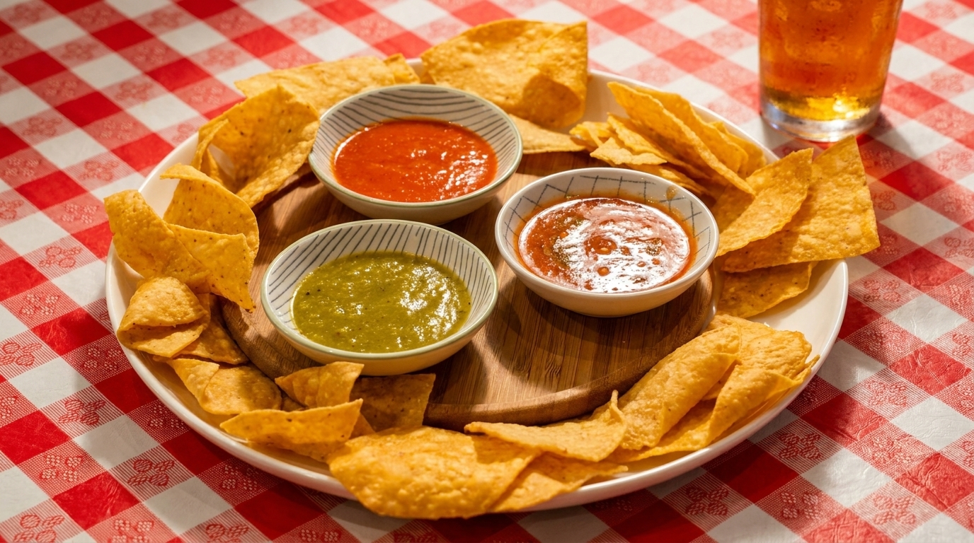 A platter of tortilla chips with three bowls of salsa (red, green, and chunky red) on a red and white checkered tablecloth.
