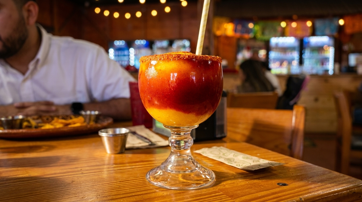 A vibrant red and yellow drink with a chili-lime rim and straw on a wooden table.