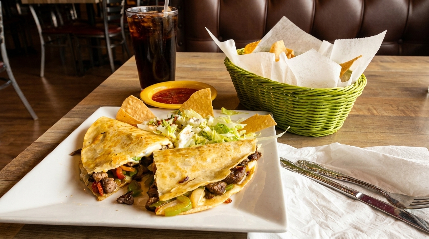 Steak quesadillas with lettuce, tortilla chips, salsa, and a drink on a wooden table.