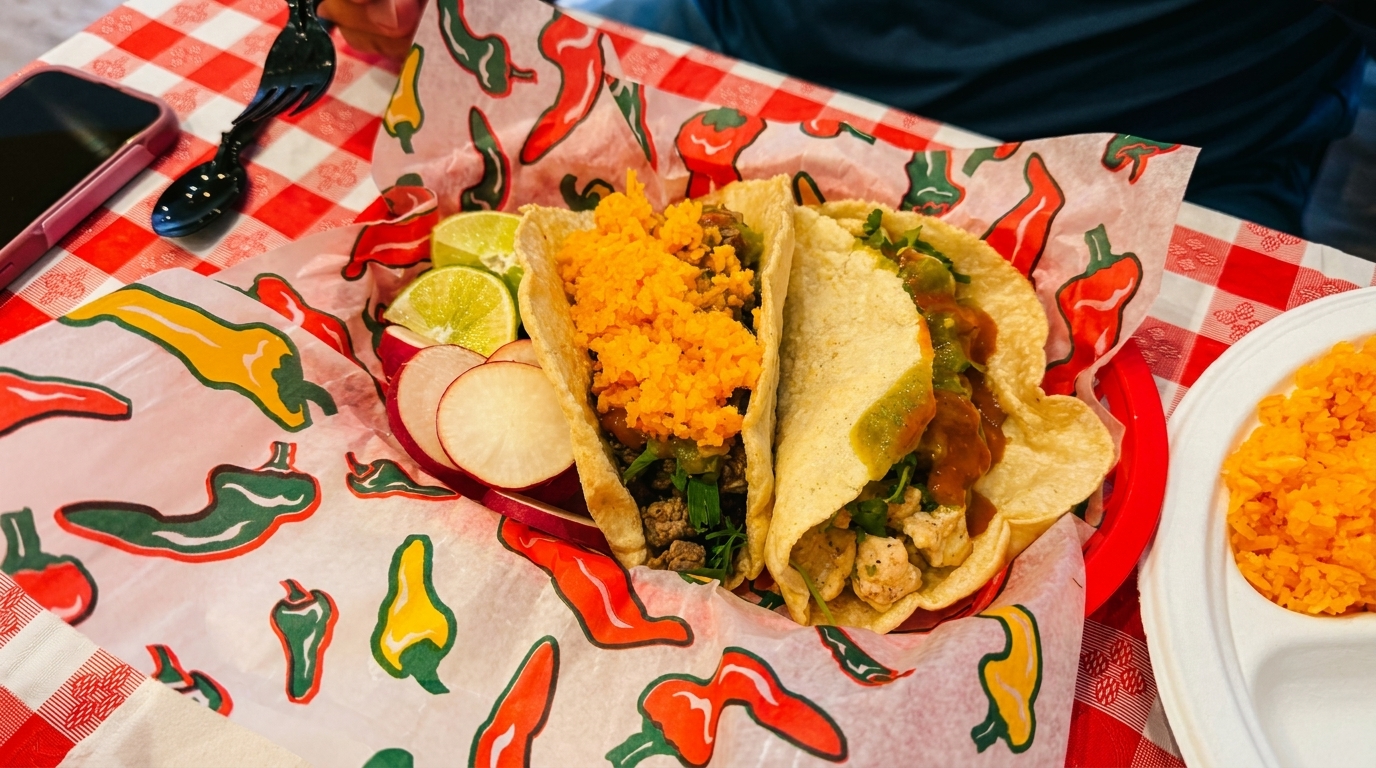 Two tacos with various fillings, lime, and radishes, served with orange rice on a red checkered tablecloth.