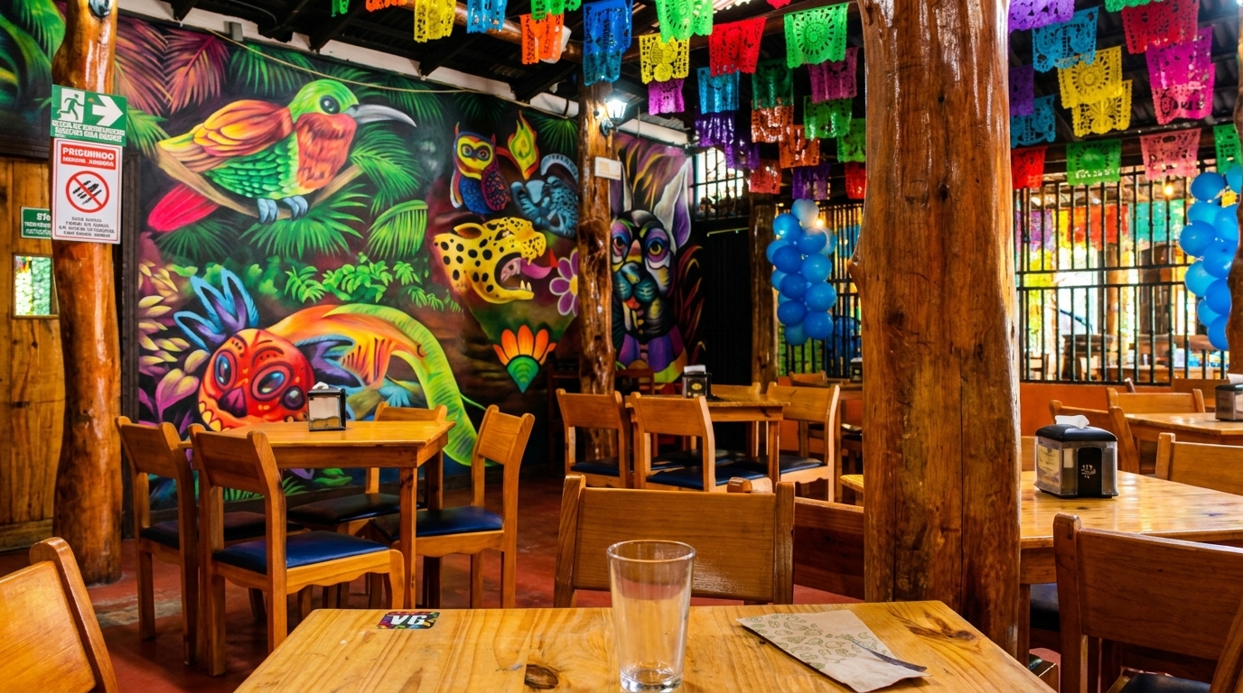 Vibrant restaurant interior with colorful murals, wooden tables and chairs, and festive papel picado decorations.