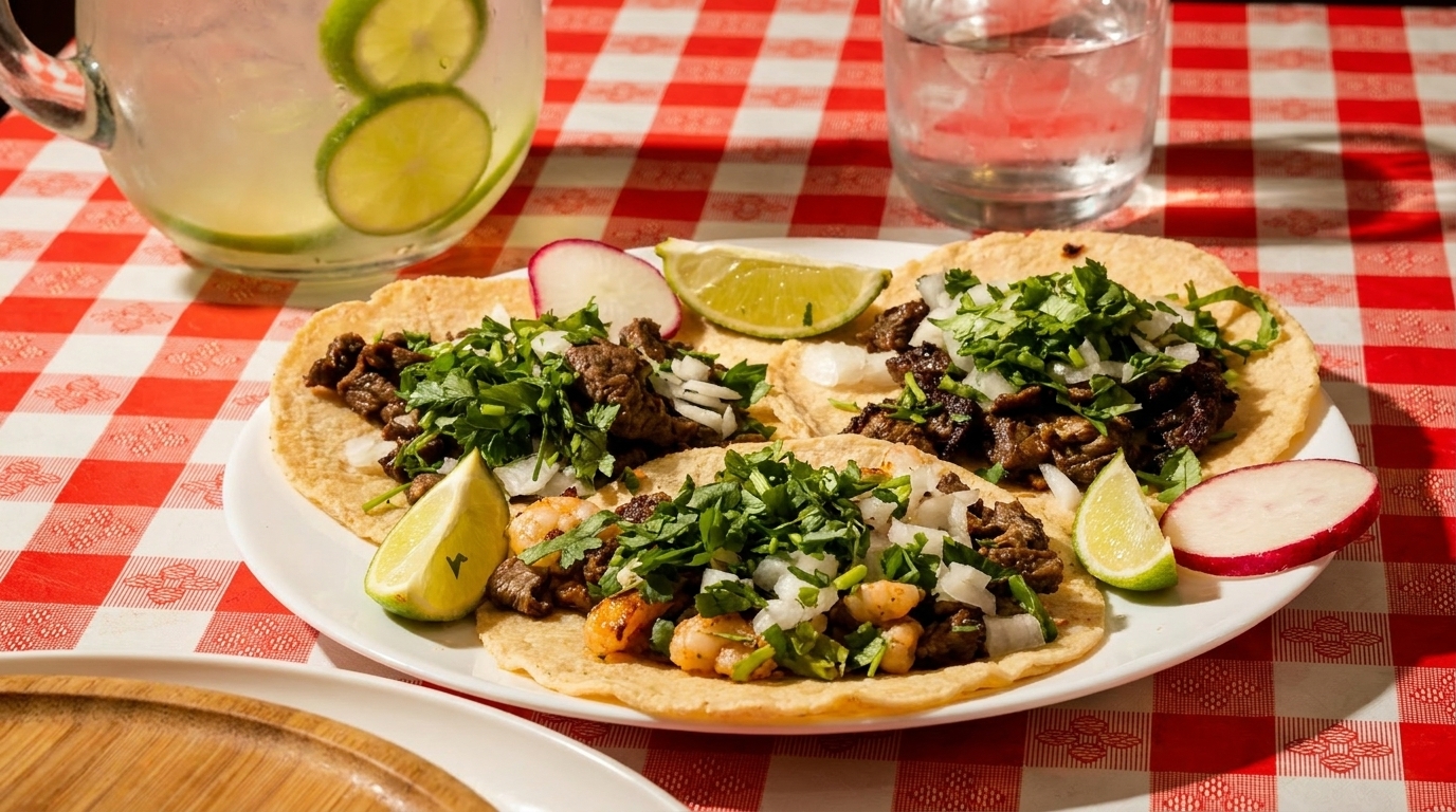 A plate of beef and shrimp tacos with cilantro, onions, lime, and radishes on a red checkered tablecloth.